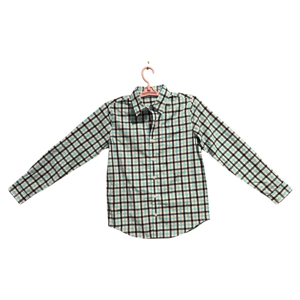 Janie & Jack Boys Long Sleeve Button Up Aqua/Black/White Plaid Shirt Size 12
